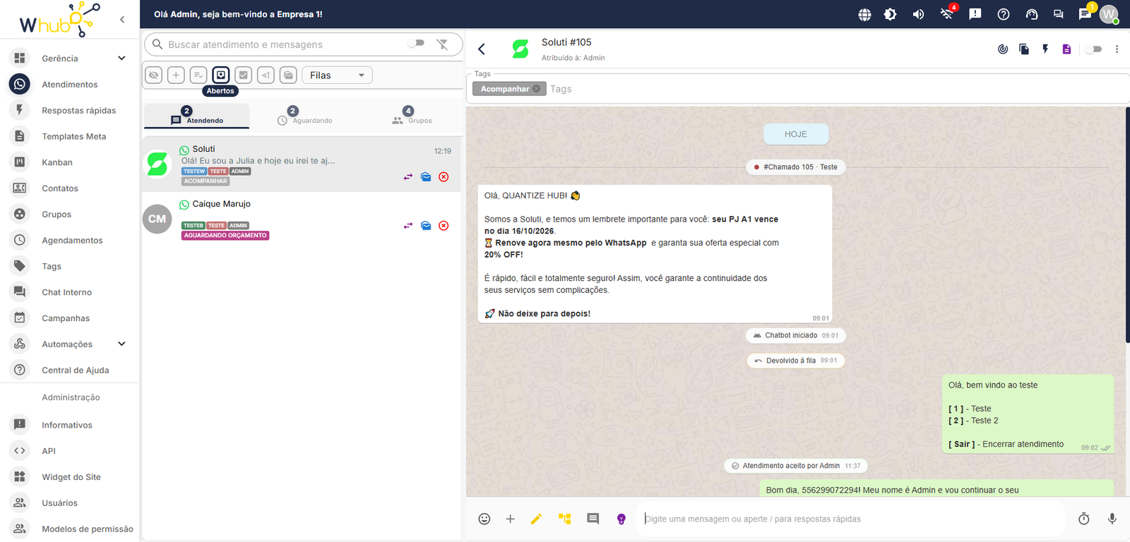 1-atendimentos Ferramenta de atendimento WhatsApp com atendentes - Whub