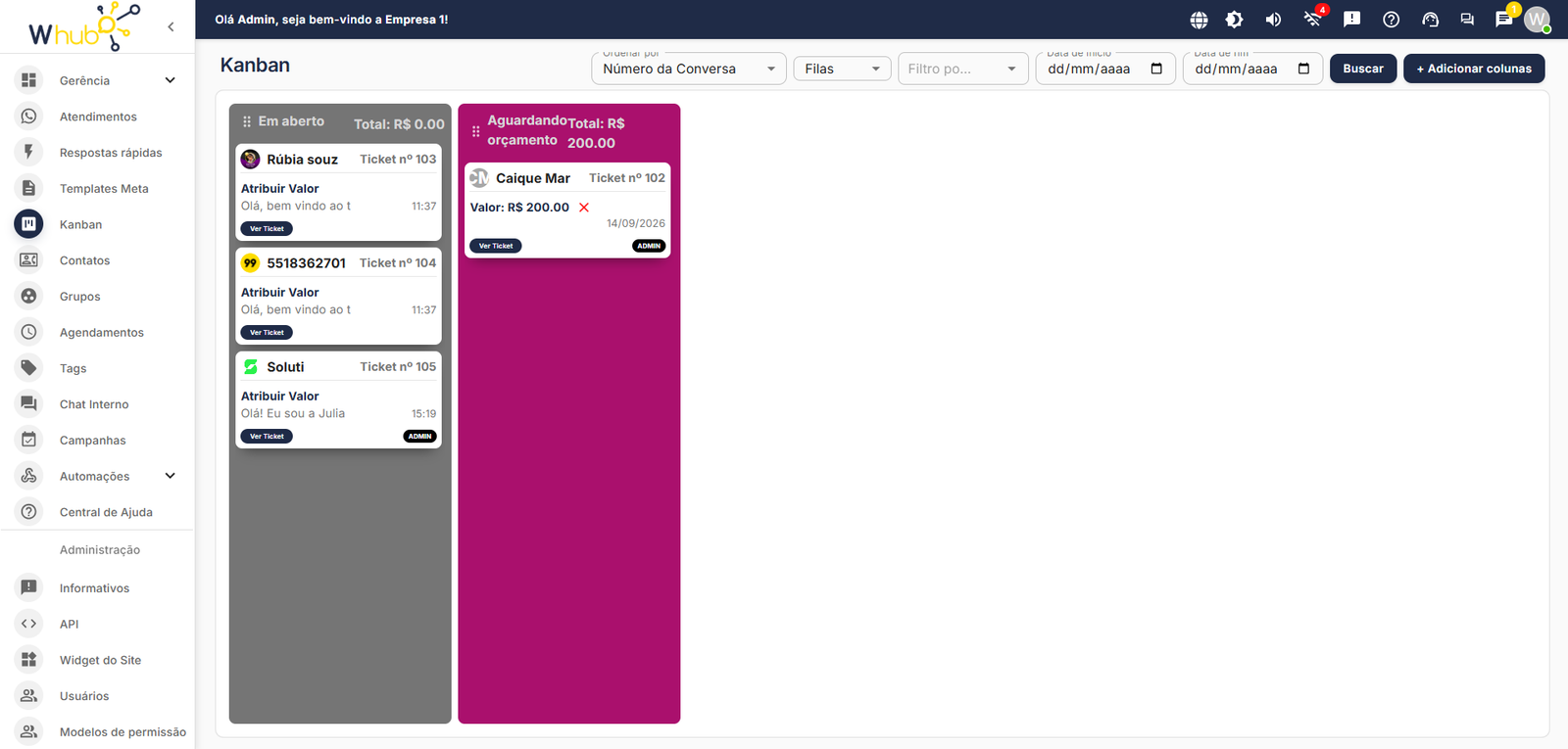 2-kanban Ferramenta de atendimento WhatsApp com atendentes - Whub