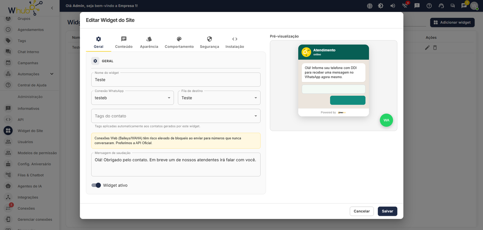 9-widget-site Ferramenta de atendimento WhatsApp com atendentes - Whub